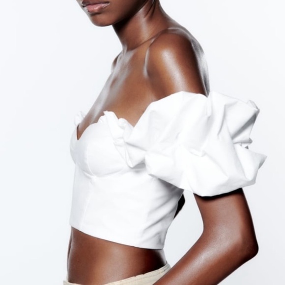 Zara white poplin bustier crop top with puff sleeves large - Picture 3 of 5